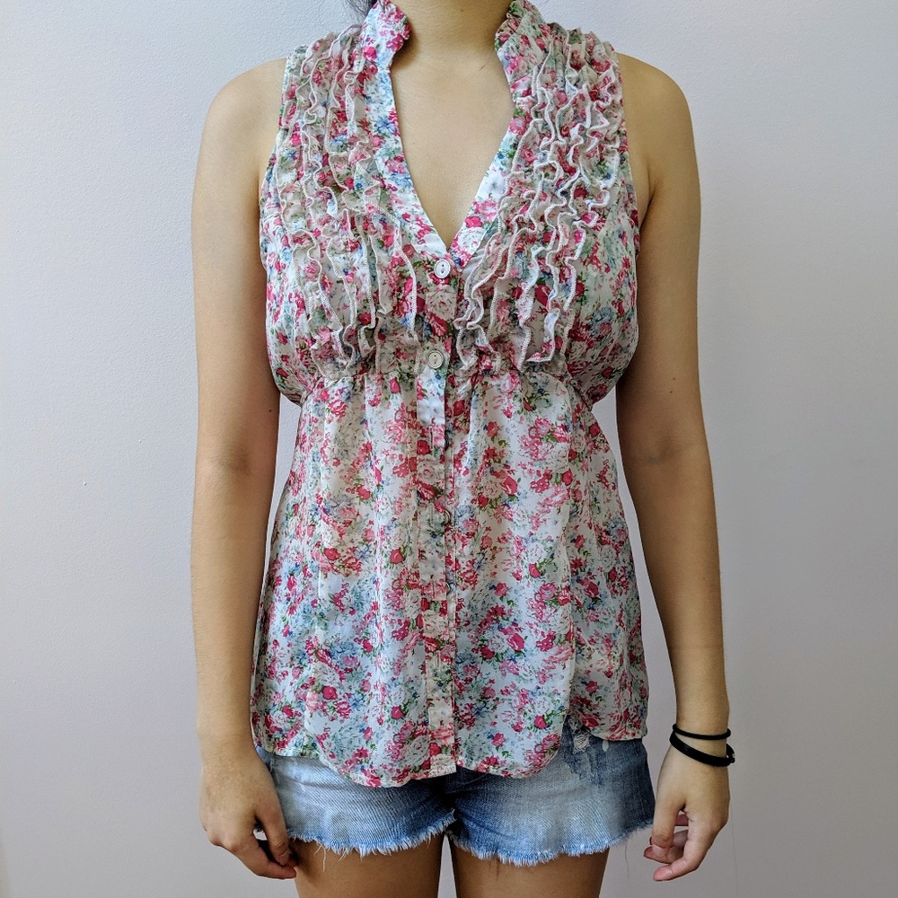 Pink Flowers Sleeveless Ruffled Top